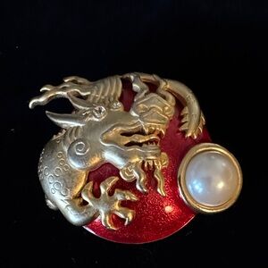 Vintage Gold tone Dragon Brooch with Red Enamel Background and Faux Pearl Accent